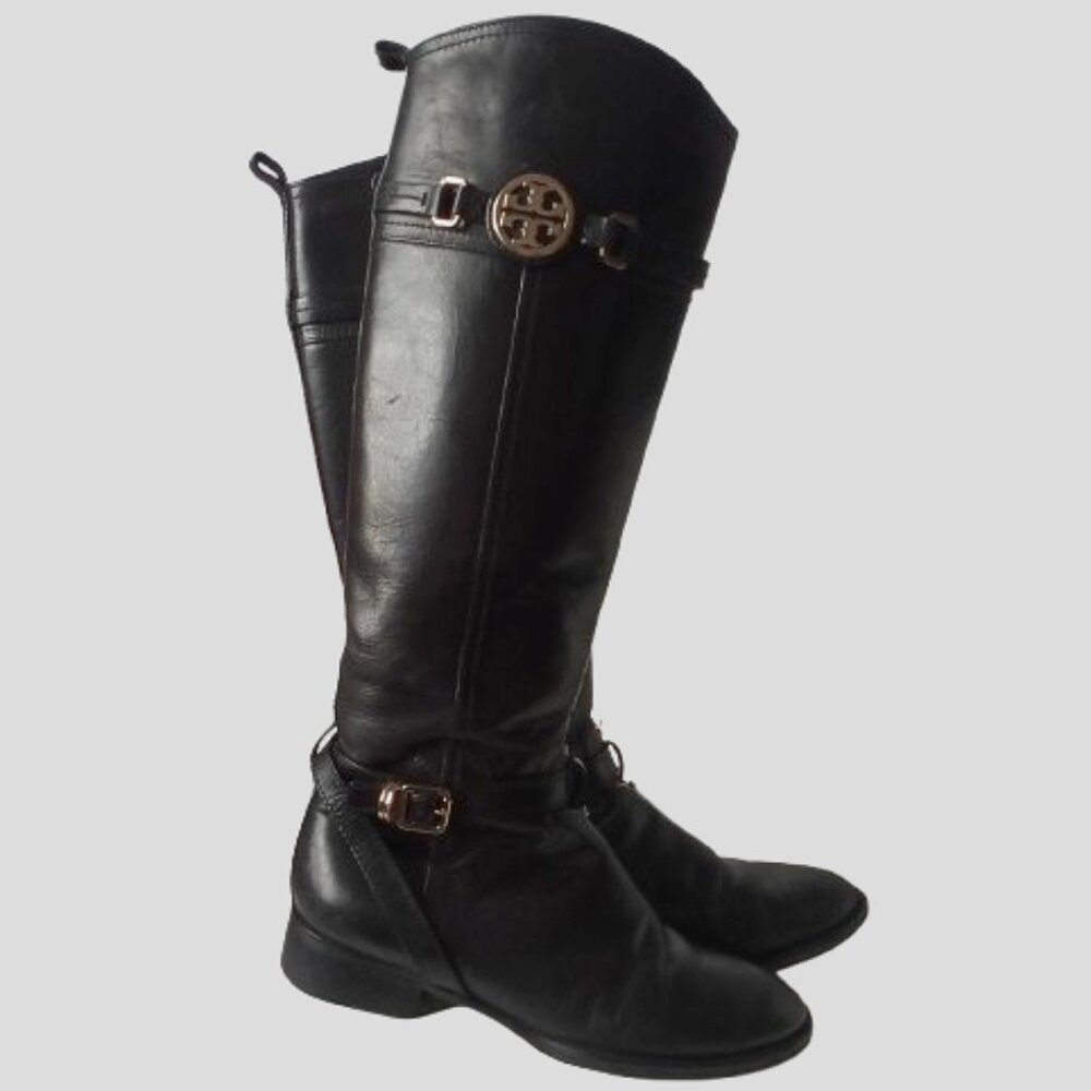 TORY BURCH LOGO CALISTA BLACK LEATHER KNEE HIGH EQUESTRIAN RIDING BOOTS 7.5